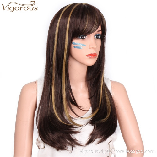 Vigorous Long Silky Straight Dark Brown Highlight Heat Resistant Smooth Synthetic Wig with Inclined Bangs for Women